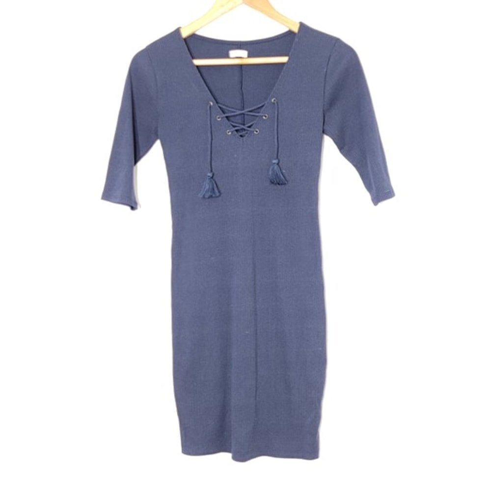 🛍Hollister Navy Blue Ribbed Knit Cotton Blend V-Neck Pullover Dress Size XS
